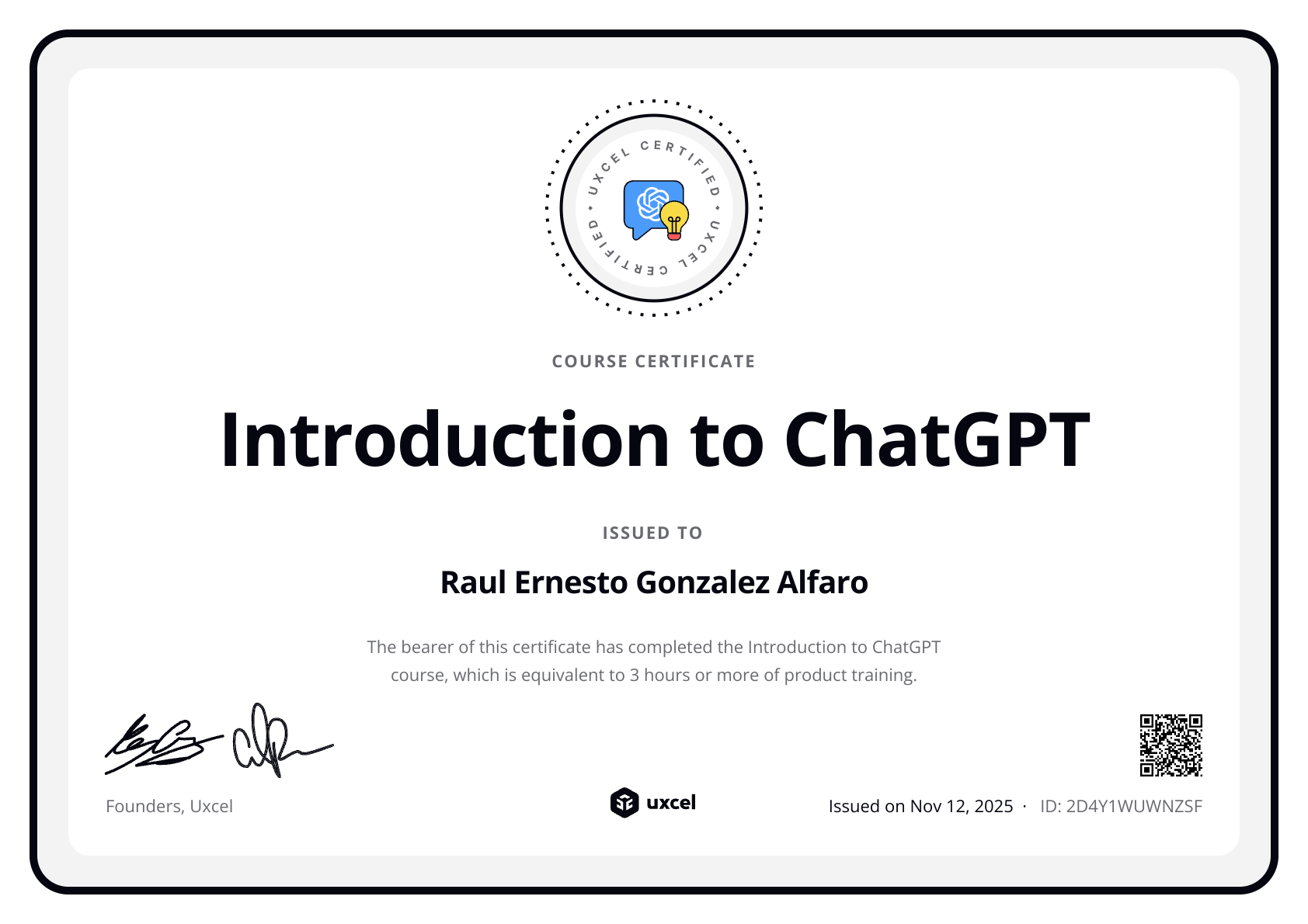 Raul Ernesto Gonzalez Alfaro's certificate